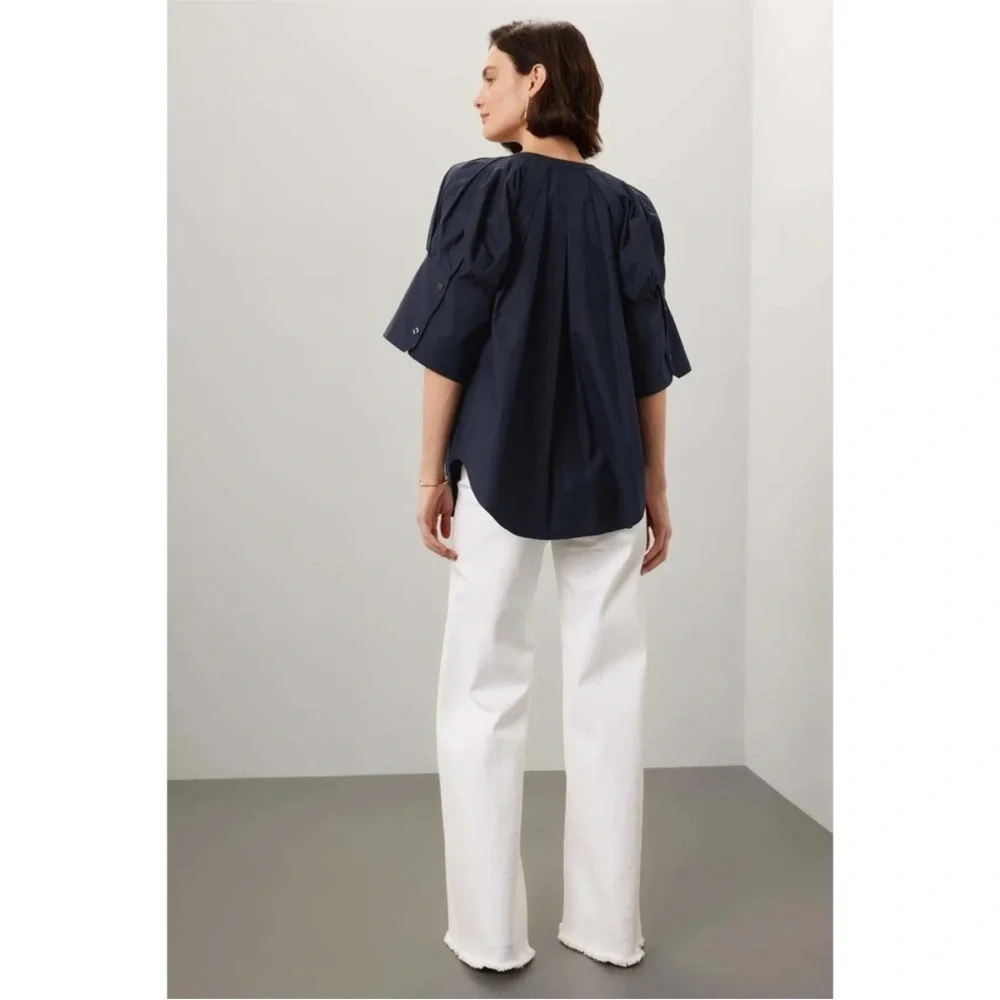 A.L.C. Chloe Blouse Top Navy Blue Cotton 1/2 Sleeve Button Down Sz 14 - Picture 3 of 9